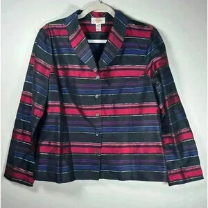 Talbots Silk Red Blue Black Metallic Striped Blazer Jacket Women’s Size 14
